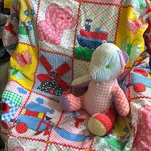 EC VTG Printed Patchwork Tied Quilt + Patchwork Bear Toy MCM 1960s Baby Toddler